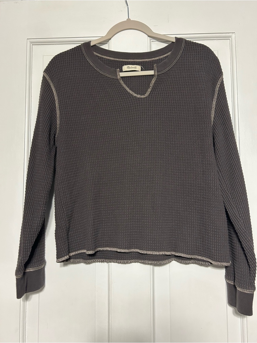 Madewell Waffle-Knit Long Sleeve Top in Charcoal with Contrast Stitching